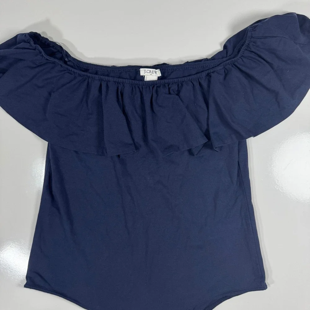 J. Crew Ruffle Off Shoulder‎ Bodysuit Navy Blue Stretch Cotton Blend Large